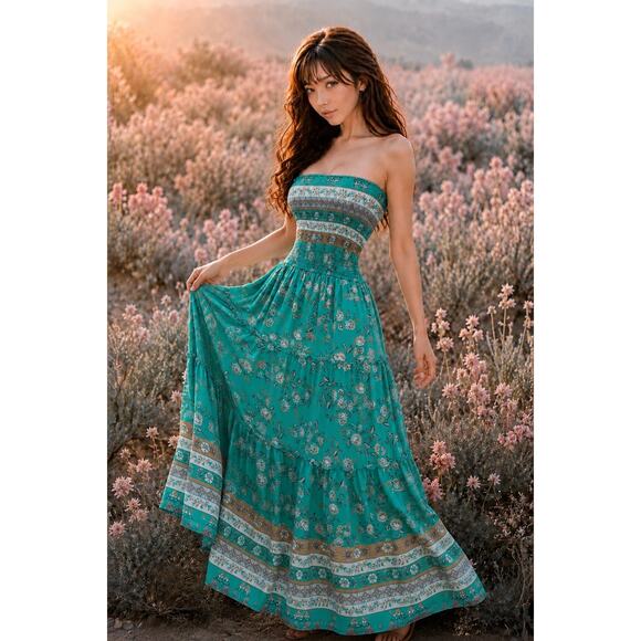 Zesica Dresses & Skirts - Barefoot Beneath the Palms strapless Smocked flowing boho floral maxi dress M